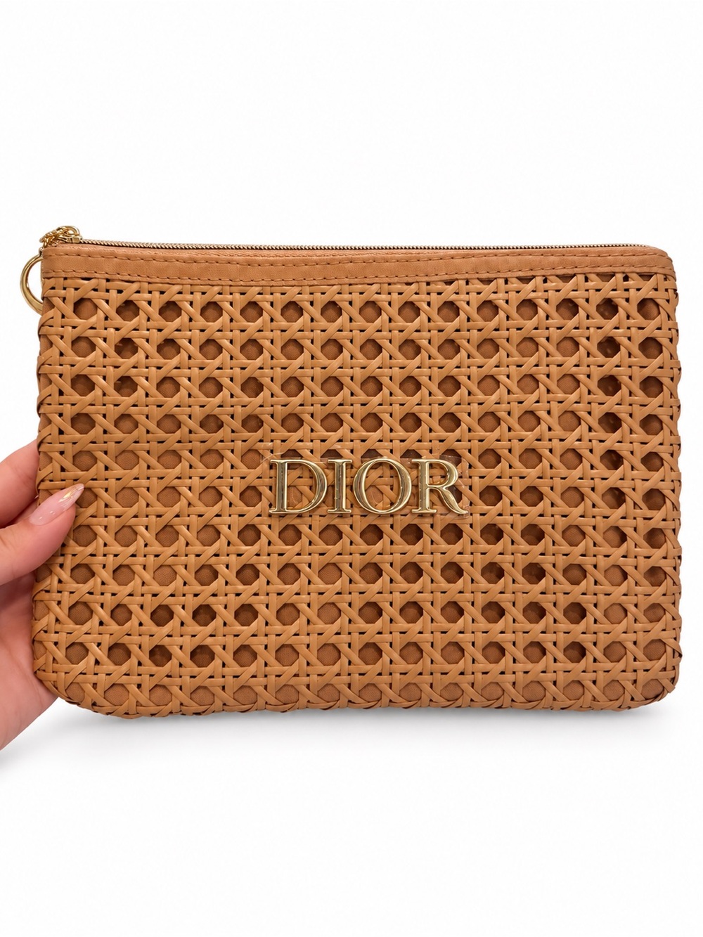 Dior Raffia Tan Woven Leather Zip Pouch